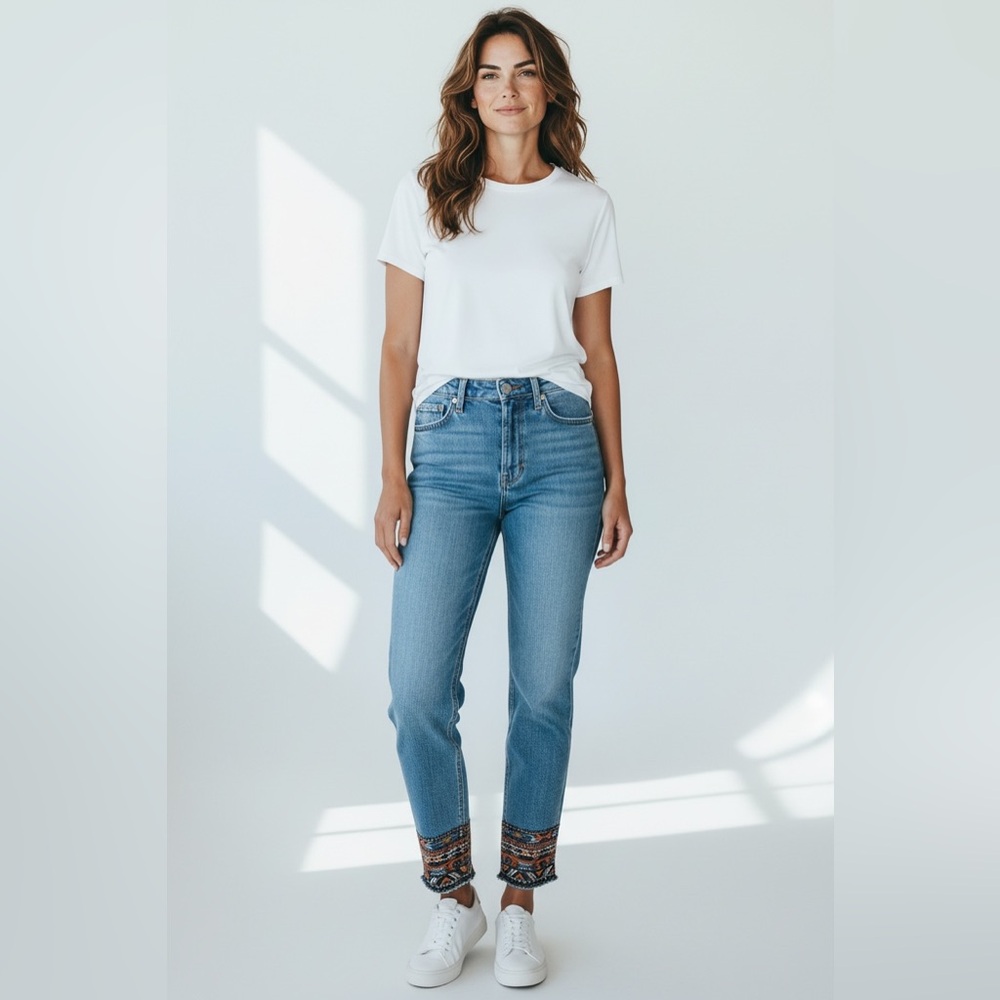 DRIFTWOOD Colette Embroidery Cropped Jeans Sz 27 Light Wash Southwestern Stretch